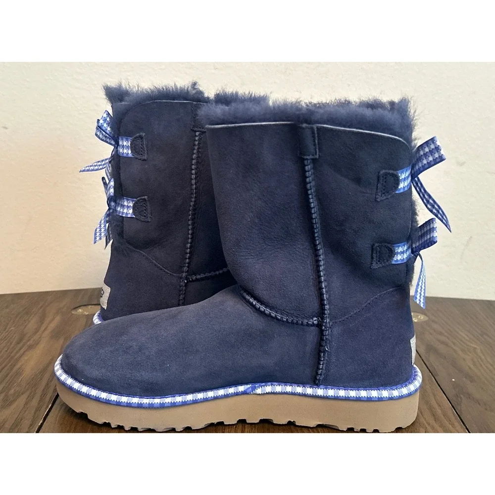 UGG‎ Classic Short Bailey Bow GINGHAM Navy Boots Women's Size 7